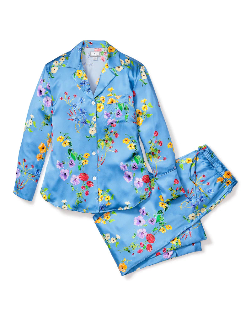 Petite Plume - Botanical Silk Pajama Set in Azure Blue, available at LaSource in Darien,