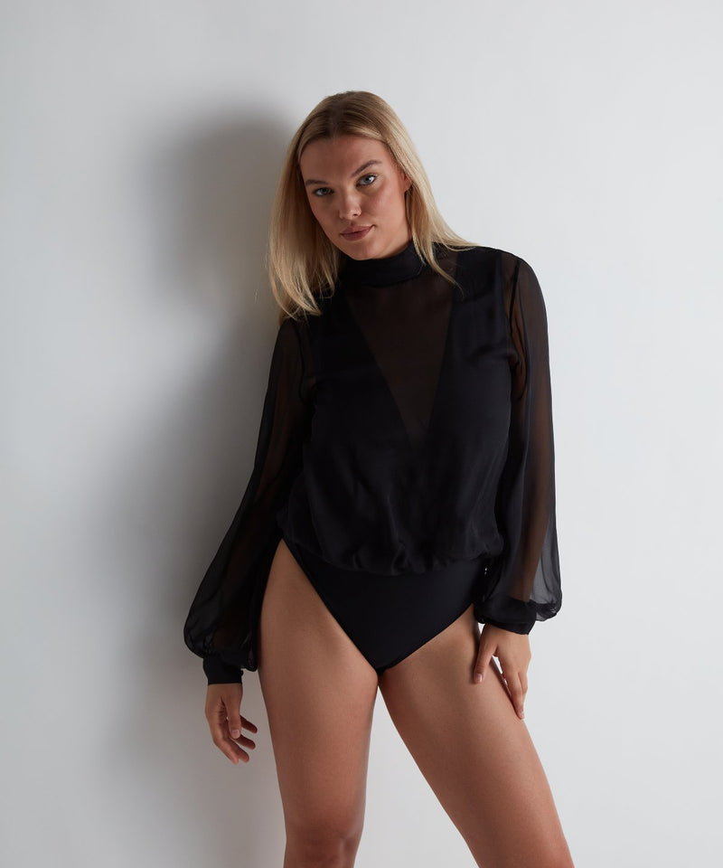 Silk Chiffon Long-Sleeved Bodysuit