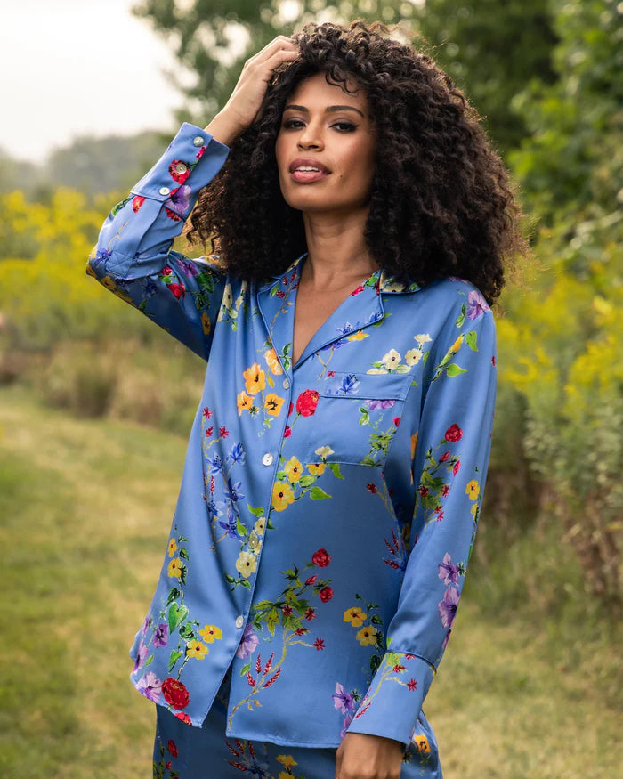 Petite Plume - Botanical Silk Pajama Set in Azure Blue, available at LaSource in Darien,