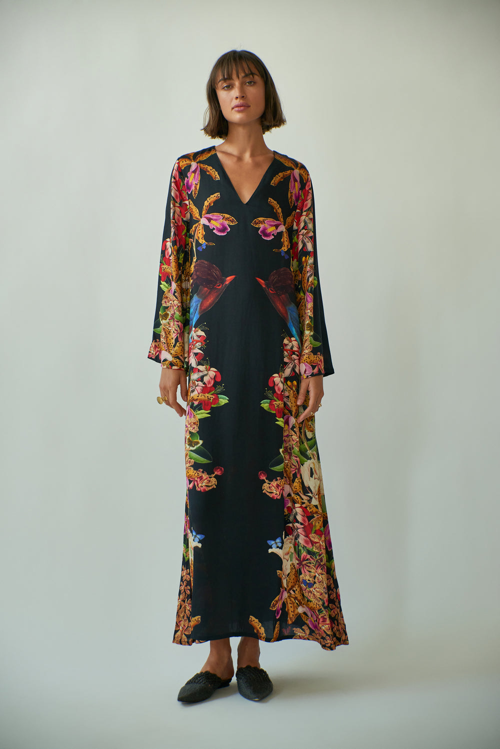 Lena Kaftan in Divine Birds Black