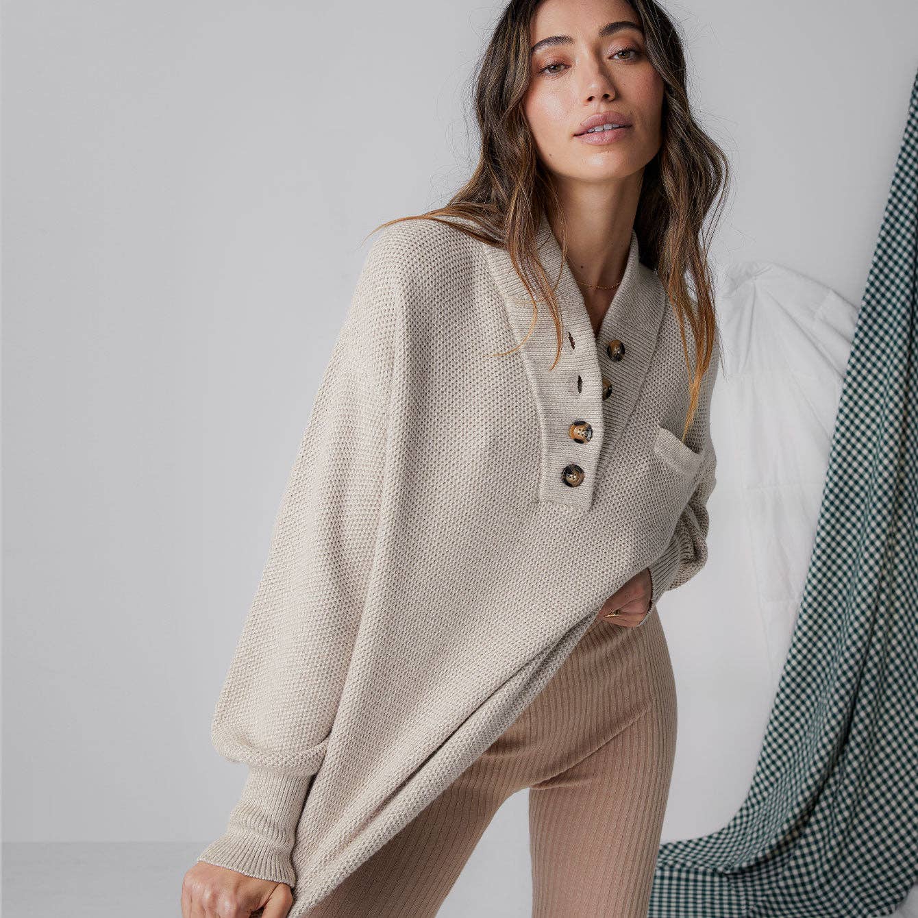 Lunya Cozy Cotton Silk Pocket Henley in oat marl, available at LaSource in Darien