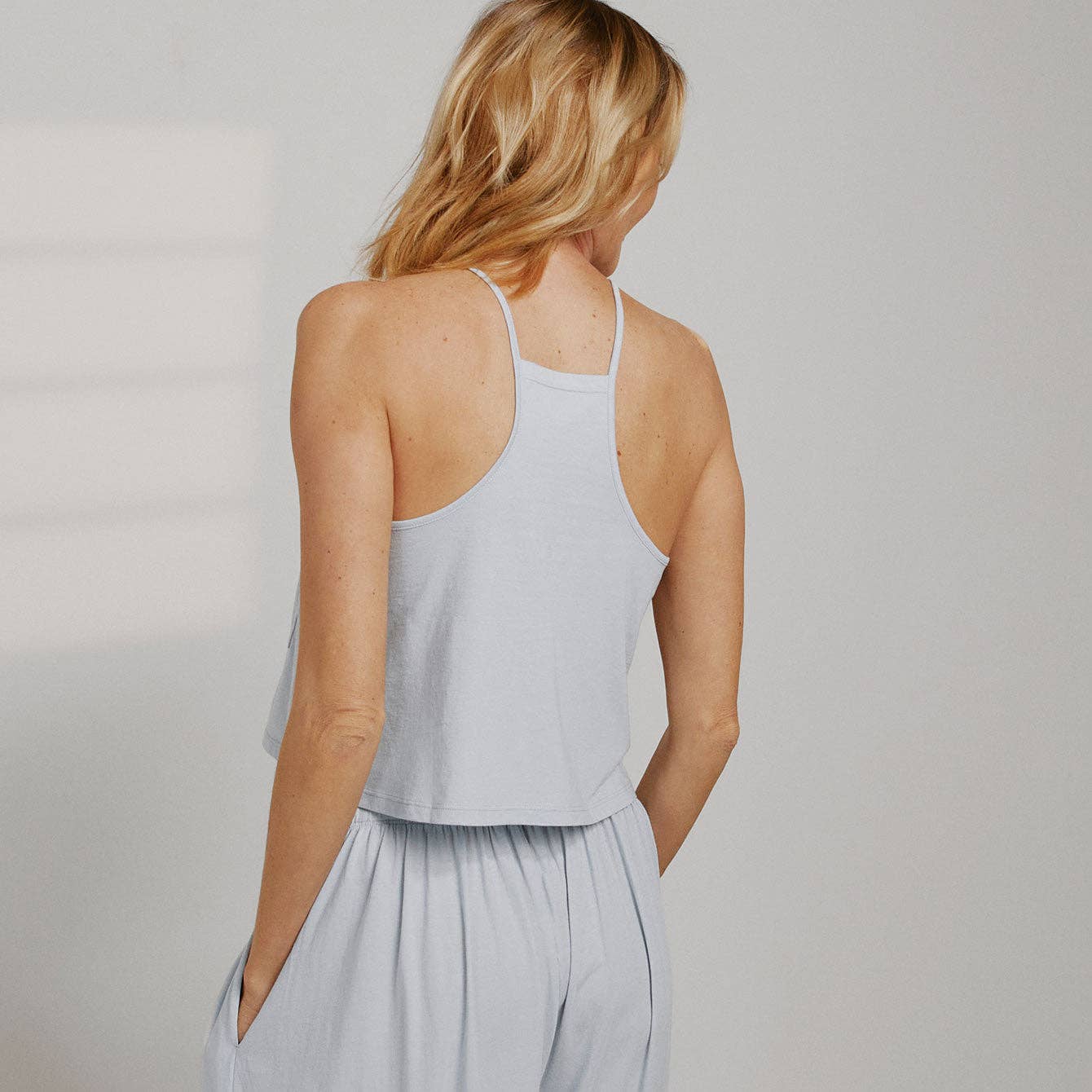 Lunya Organic Pima High Neck Cami in tranquil blue, available at LaSource in Darien