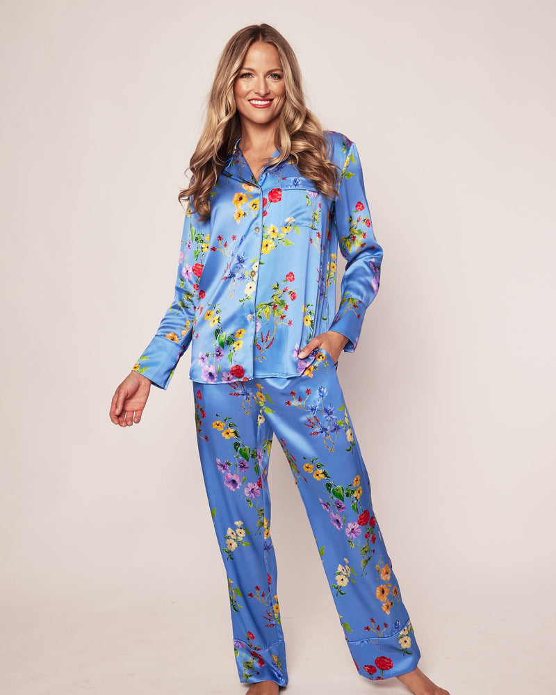 Petite Plume - Botanical Silk Pajama Set in Azure Blue, available at LaSource in Darien,