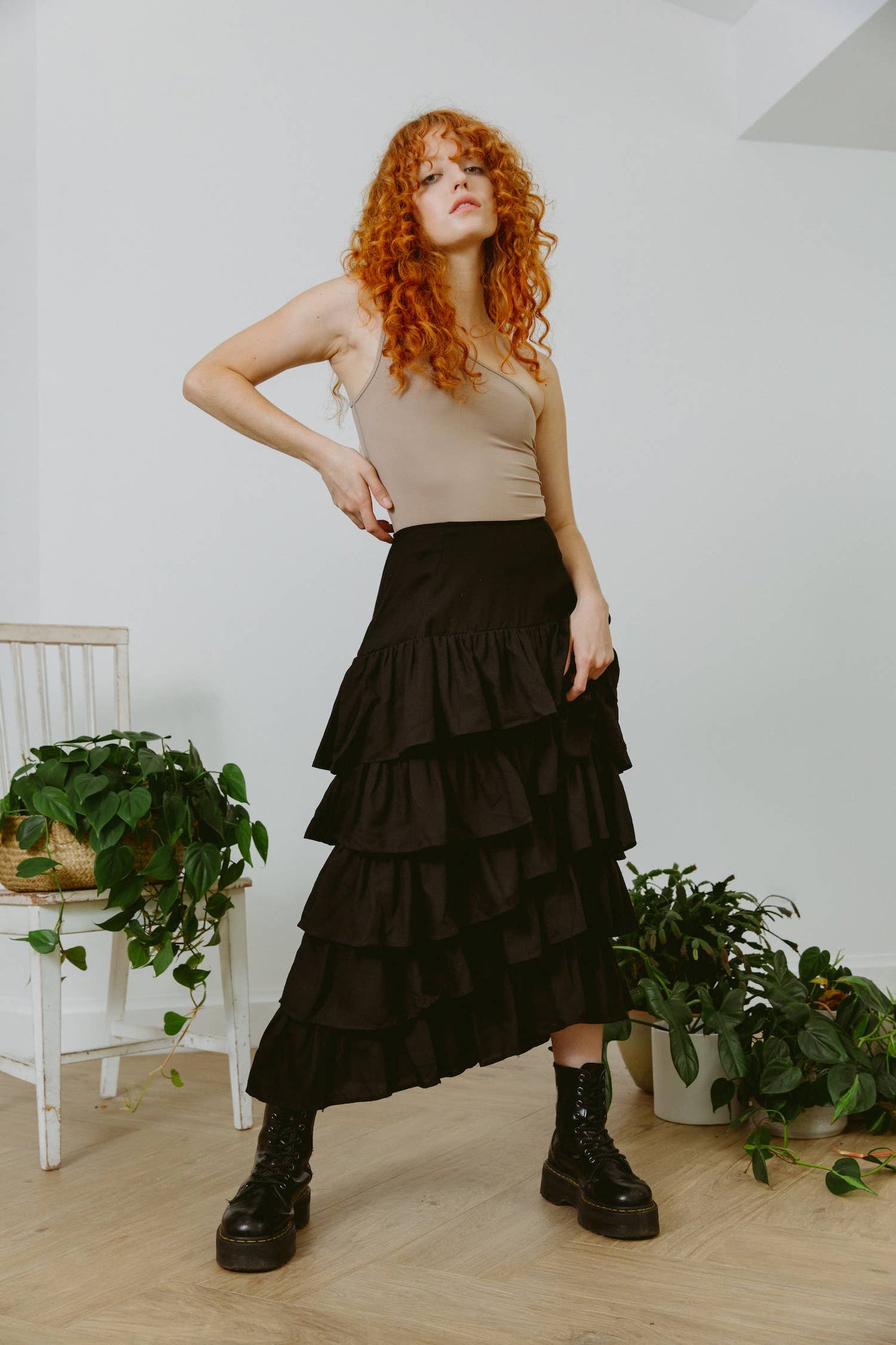 Carolina Benoit - Cascading Ruffles Midi Skirt in black, available at LaSource in Darien