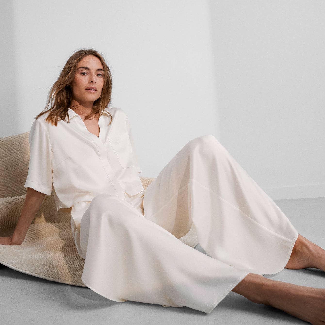 Lunya - Washable Silk High Rise Pant Set in Tranquil White, available at LaSource in Darien