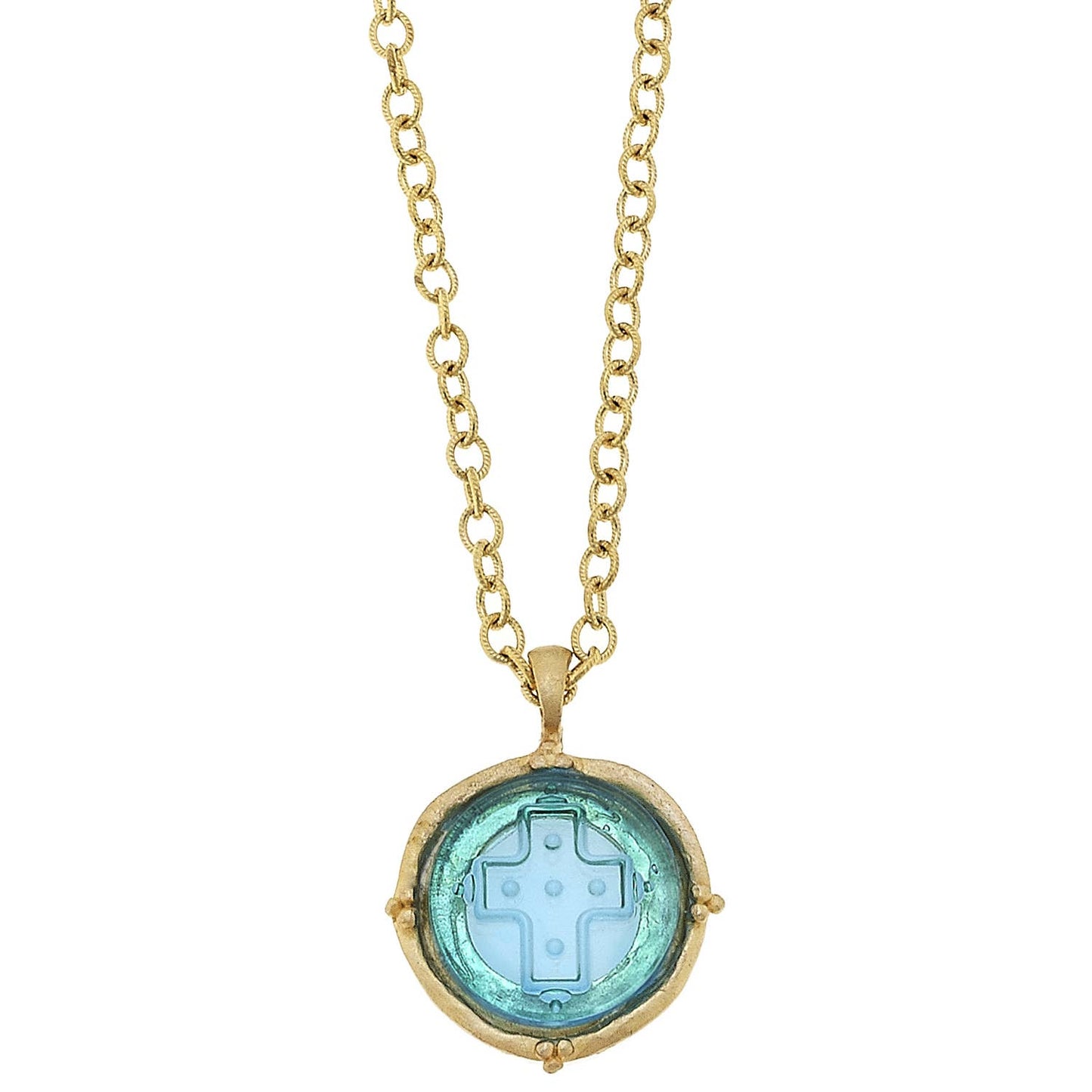 Susan Shaw - Aqua Venetian Glass Cross Necklace on 30" chain, available at LaSource in Darien