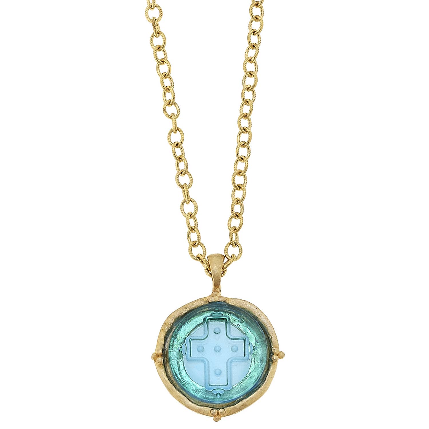 Susan Shaw - Aqua Venetian Glass Cross Necklace on 30" chain, available at LaSource in Darien