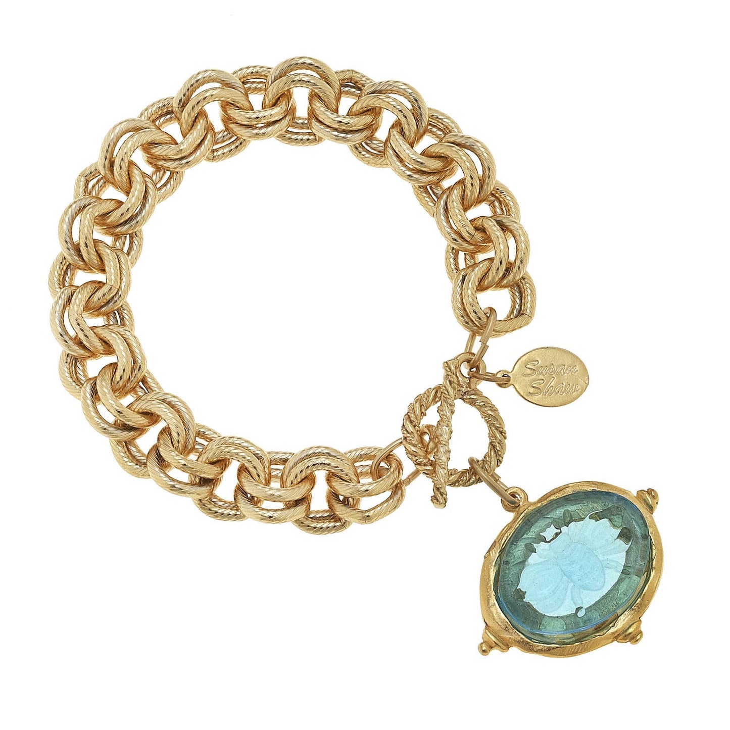 Susan Shaw - Aqua Venetian Glass Bee Intaglio on Gold Chain Bracelet, available at LaSource in Darien