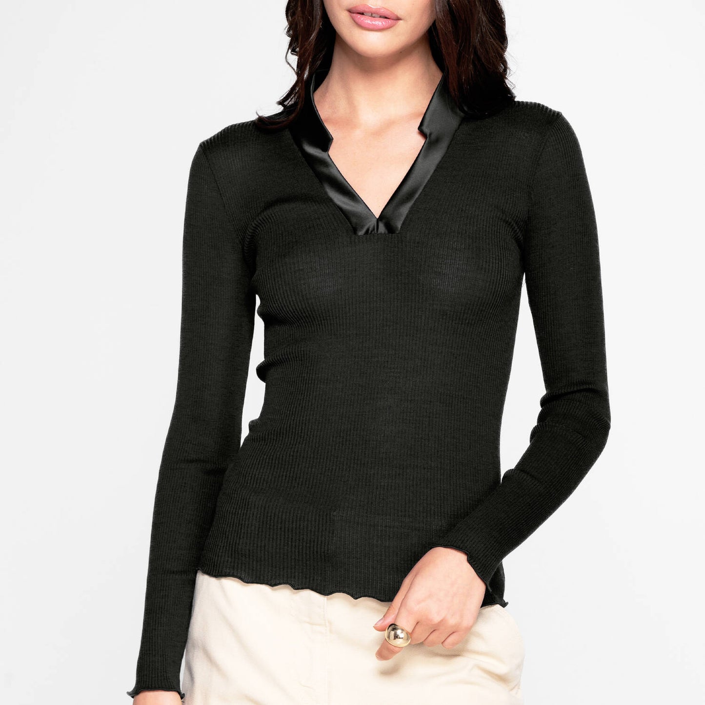 V-Neck Ribbed Long Sleeve Top with Satin Trim Collar
