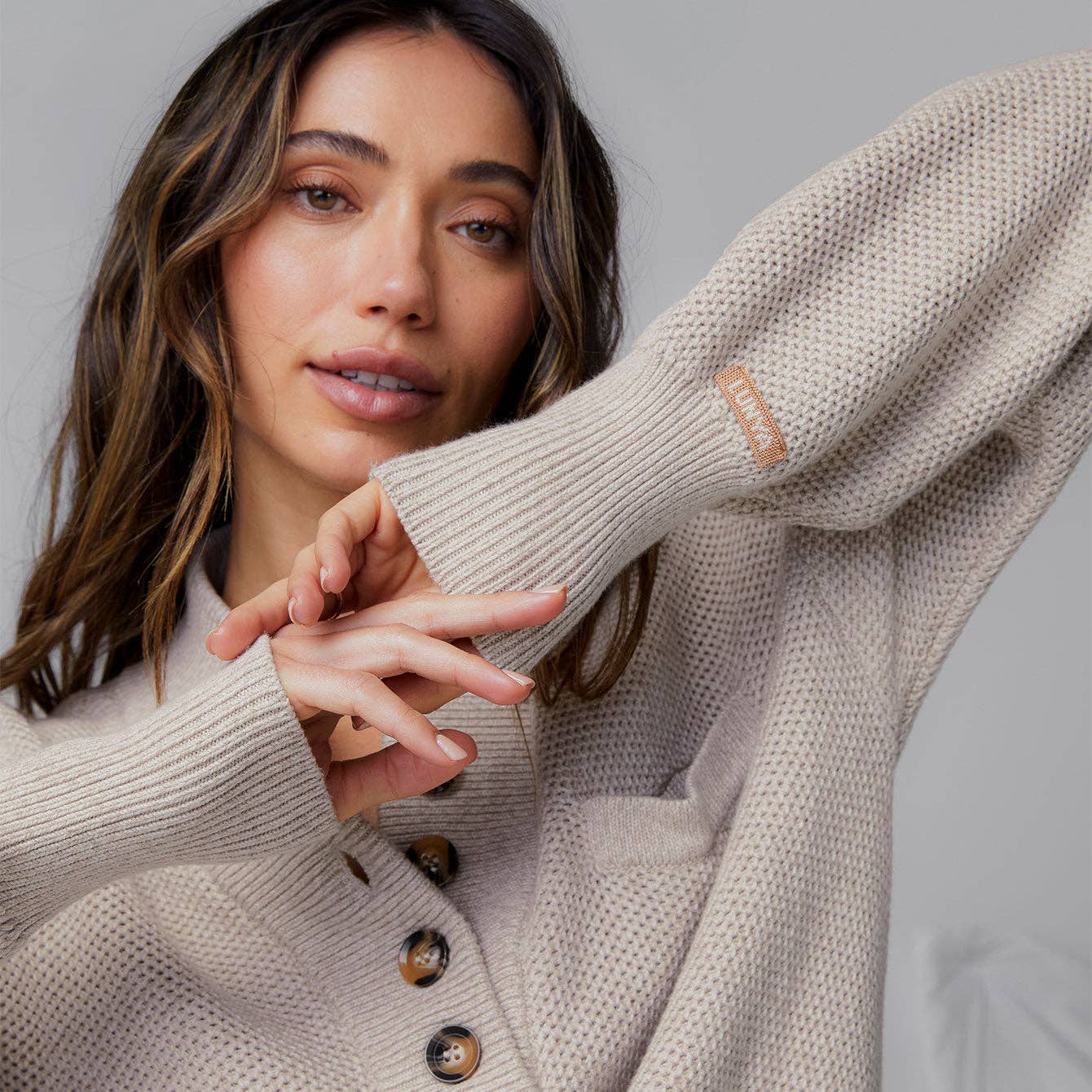 Lunya Cozy Cotton Silk Pocket Henley in oat marl, available at LaSource in Darien