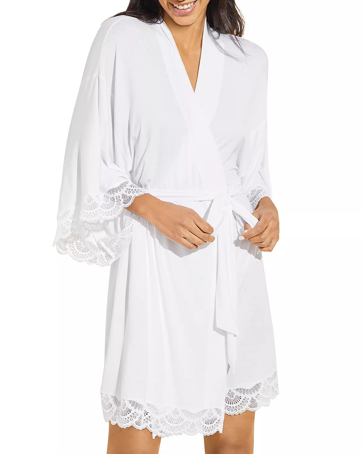 Mariana Kimono Robe with Lace in white, available at LaSource in Darien.