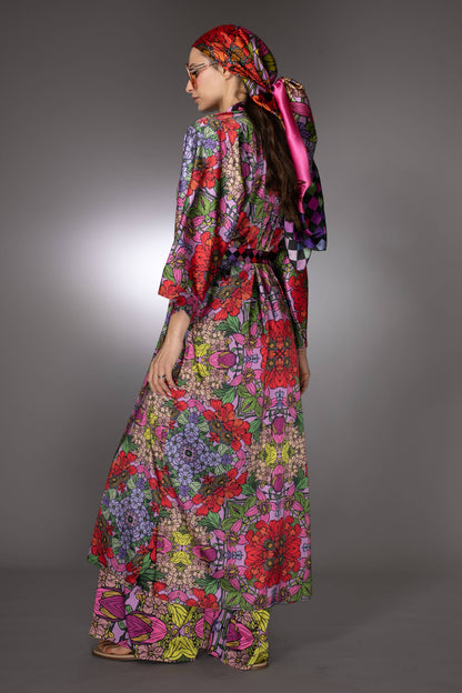 Red Golden Duchess Floral Satin Kimono