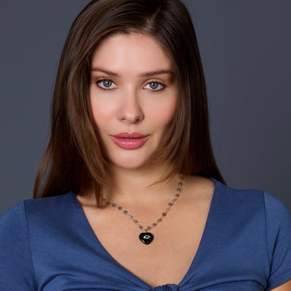 Black Onyx Heart Pendant Necklace On Labradorite Wire Wrap