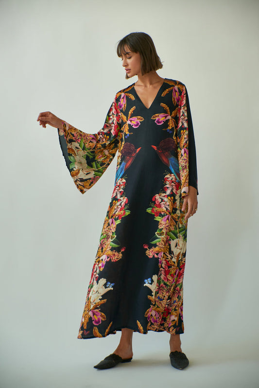 Lena Kaftan in Divine Birds Black