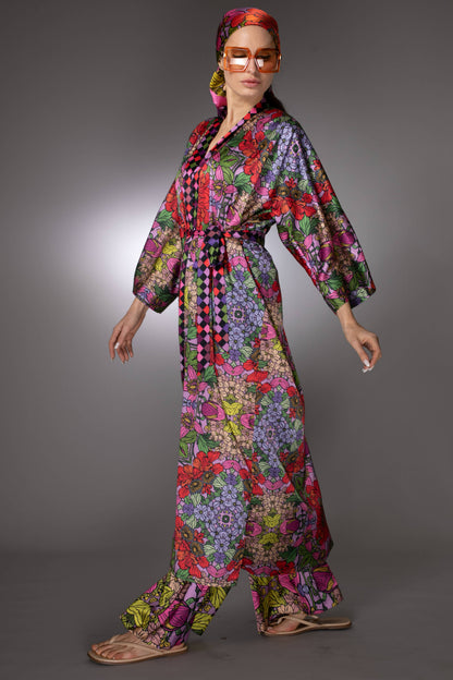 Red Golden Duchess Floral Satin Kimono