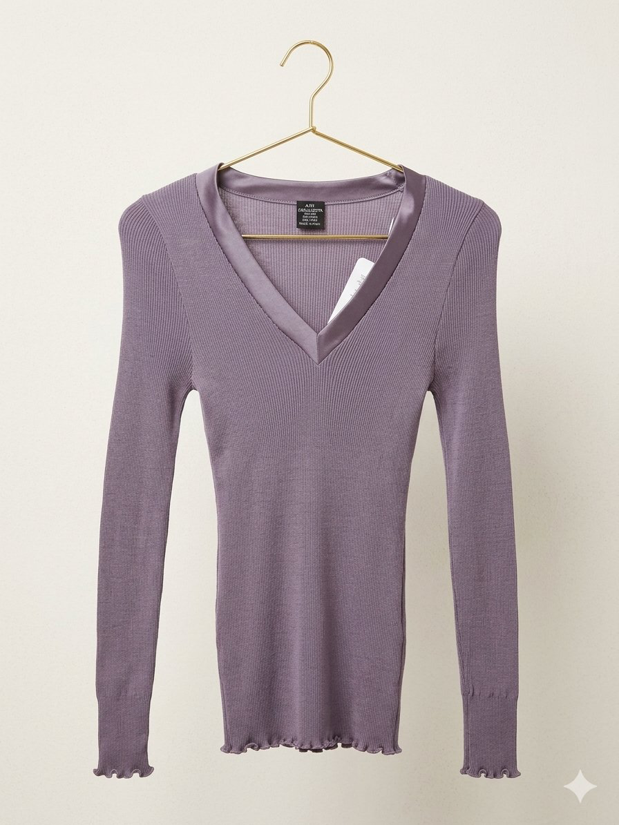 Satin-Trim V-Neck Top