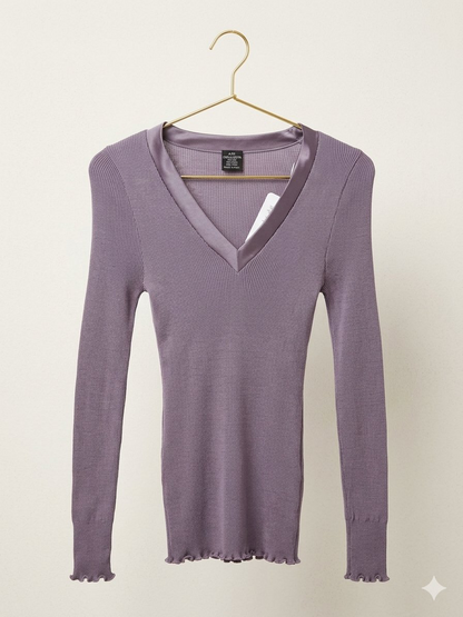 Satin-Trim V-Neck Top