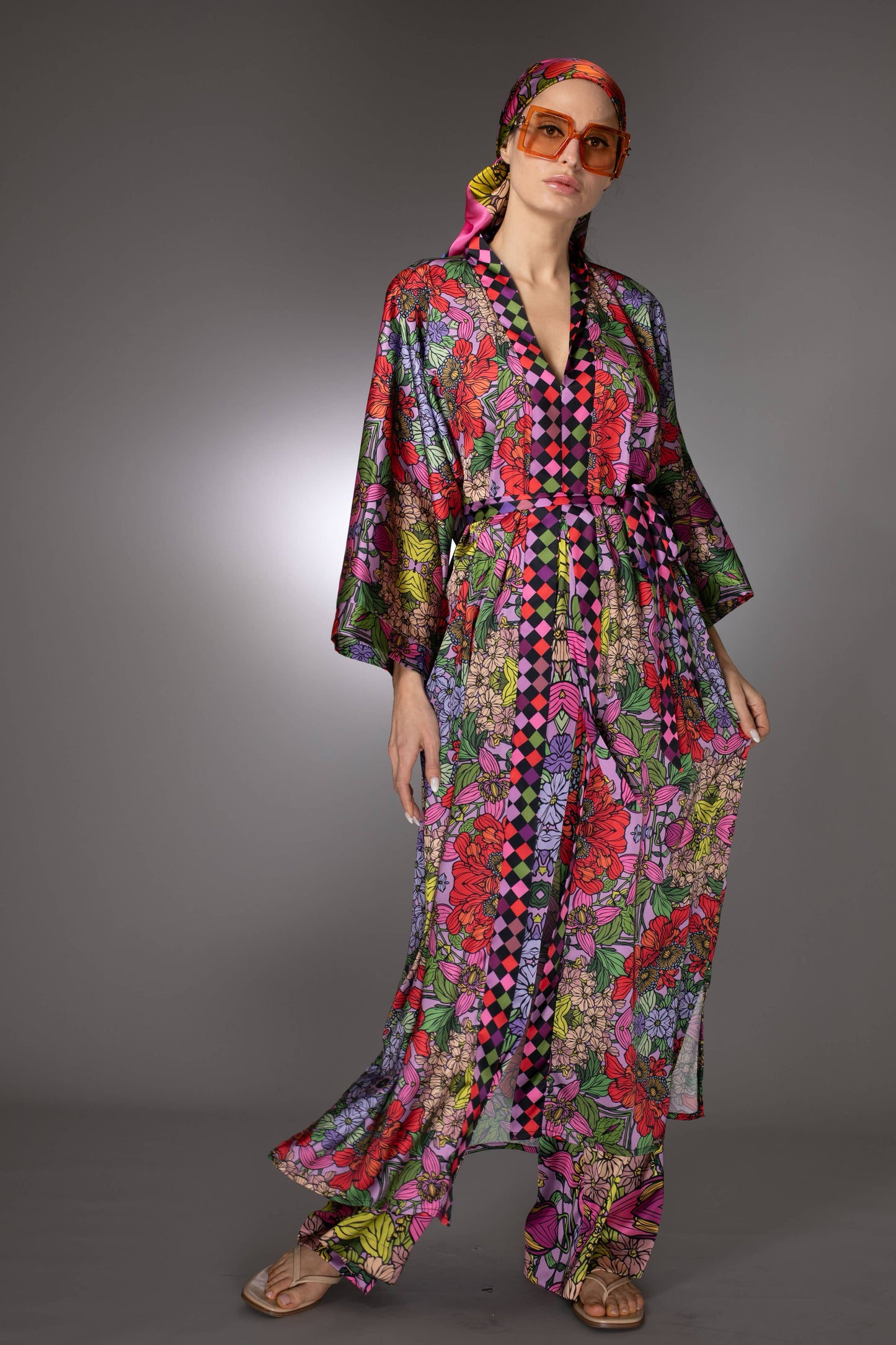 Red Golden Duchess Floral Satin Kimono