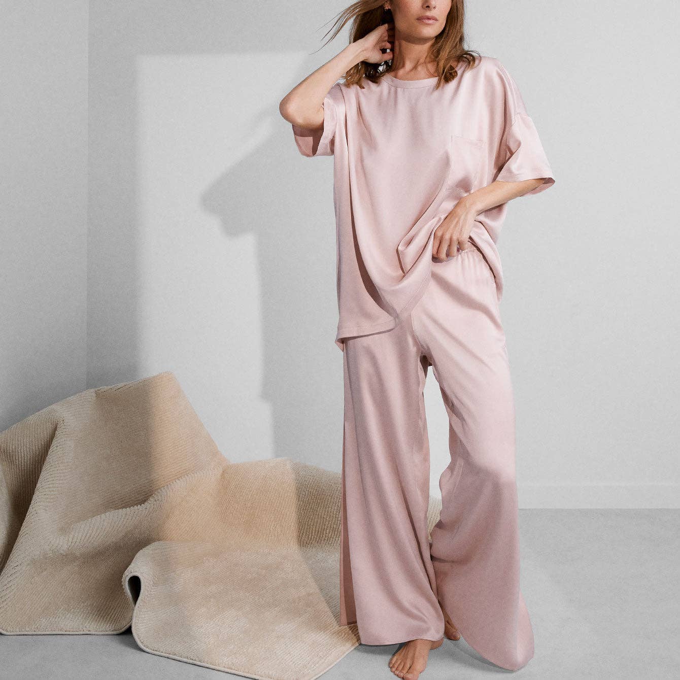  Lunya - Washable Silk Tee Pant Set in Delicate Pink, available at LaSource in Darien.