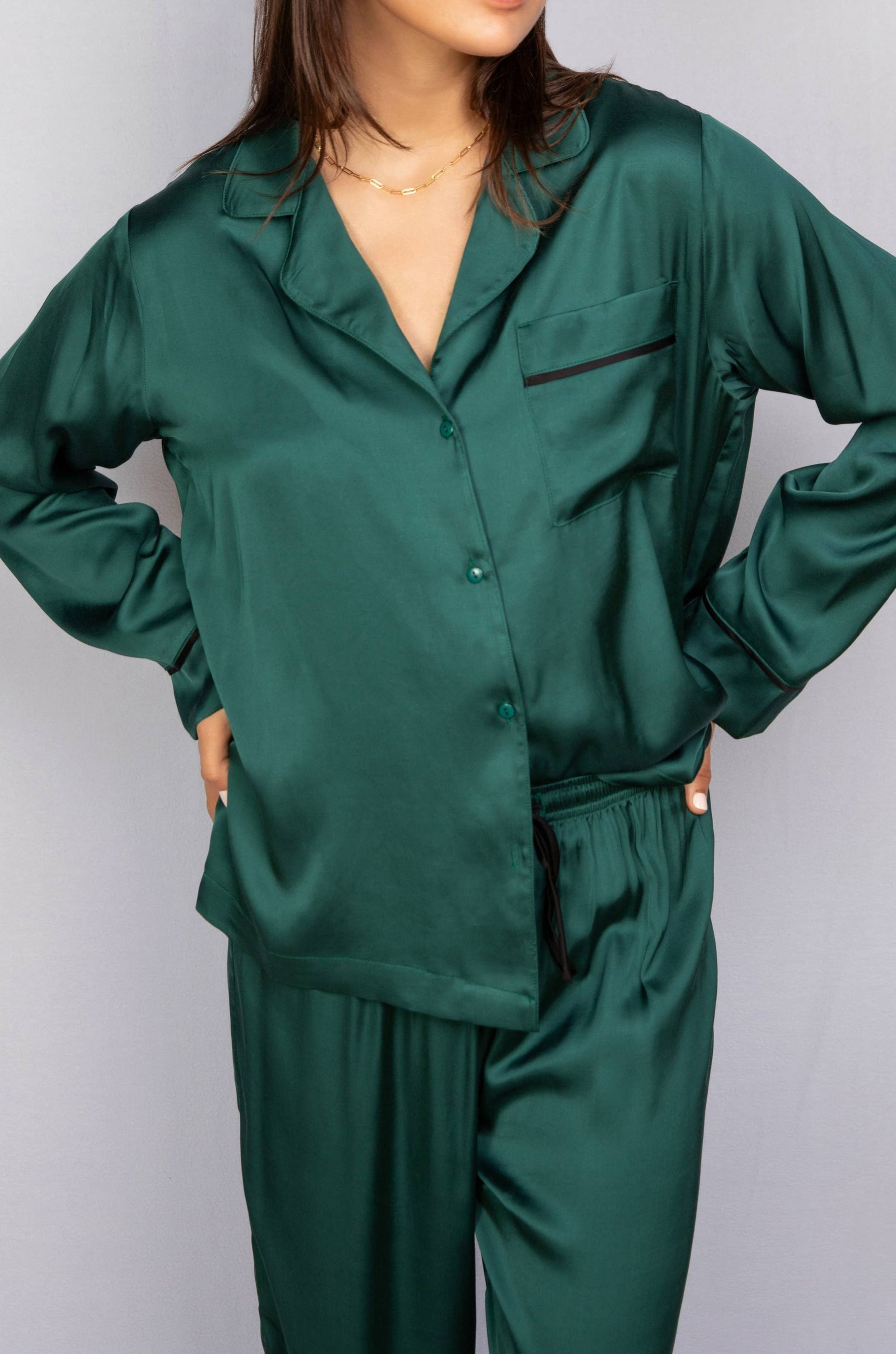 Meadow -Monaco Silky Pajama in pine green with black piping, available at LaSource in Darien