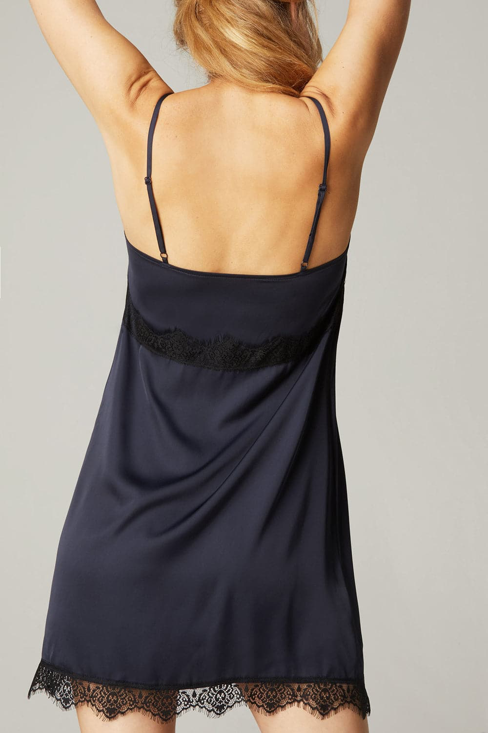 Simone Perele Satin Secret Nightdress in midnight, available at LaSource in Darien.