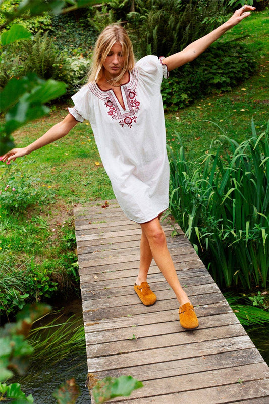 Germaine Des Pres Zoé White Pink Embroidery Dress, available at LaSource in Darien