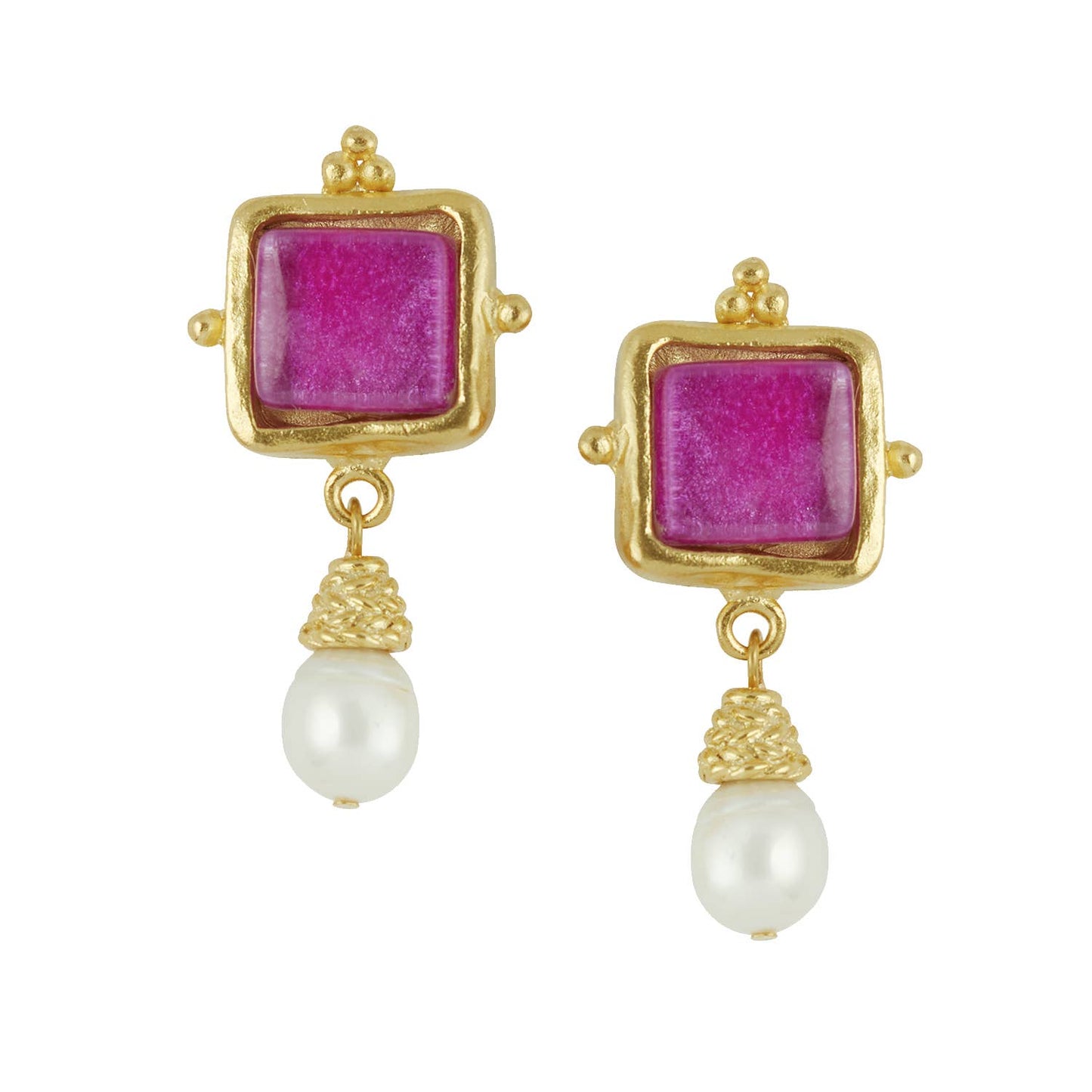 Susan Shaw - Madeline Pearl Drop Earrings in fuchsia, available at LaSource in Darien.