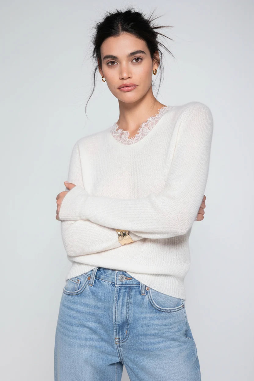 V-Neck Alpaca Sweater with Lace