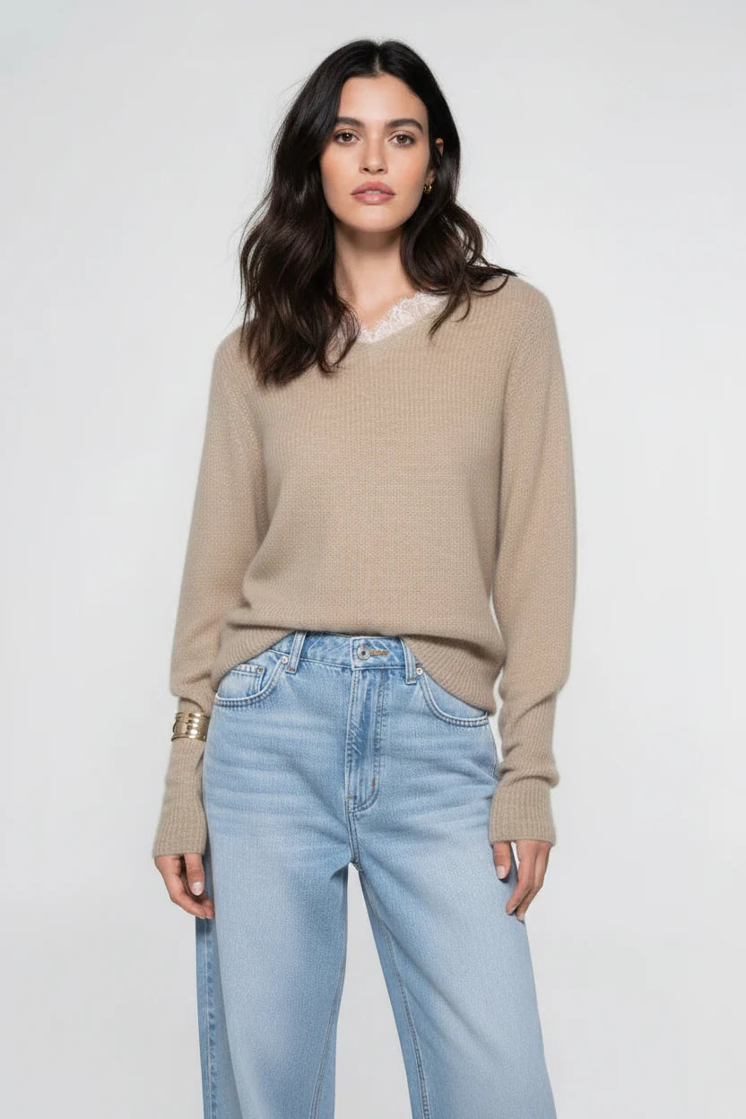 V-Neck Alpaca Sweater with Lace