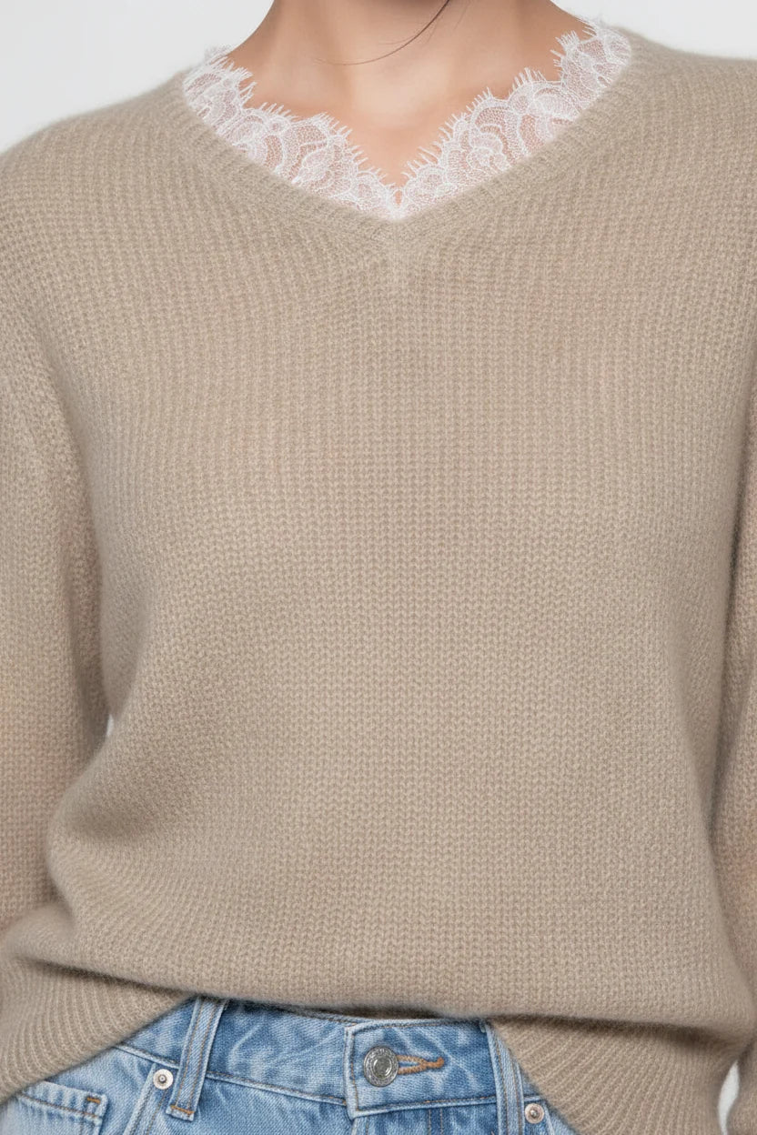 V-Neck Alpaca Sweater with Lace