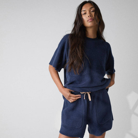 Lunya Silksweats™ Reversible Short Sleeve Sweatshirt in Deep Blue, available at LaSource in Darien.