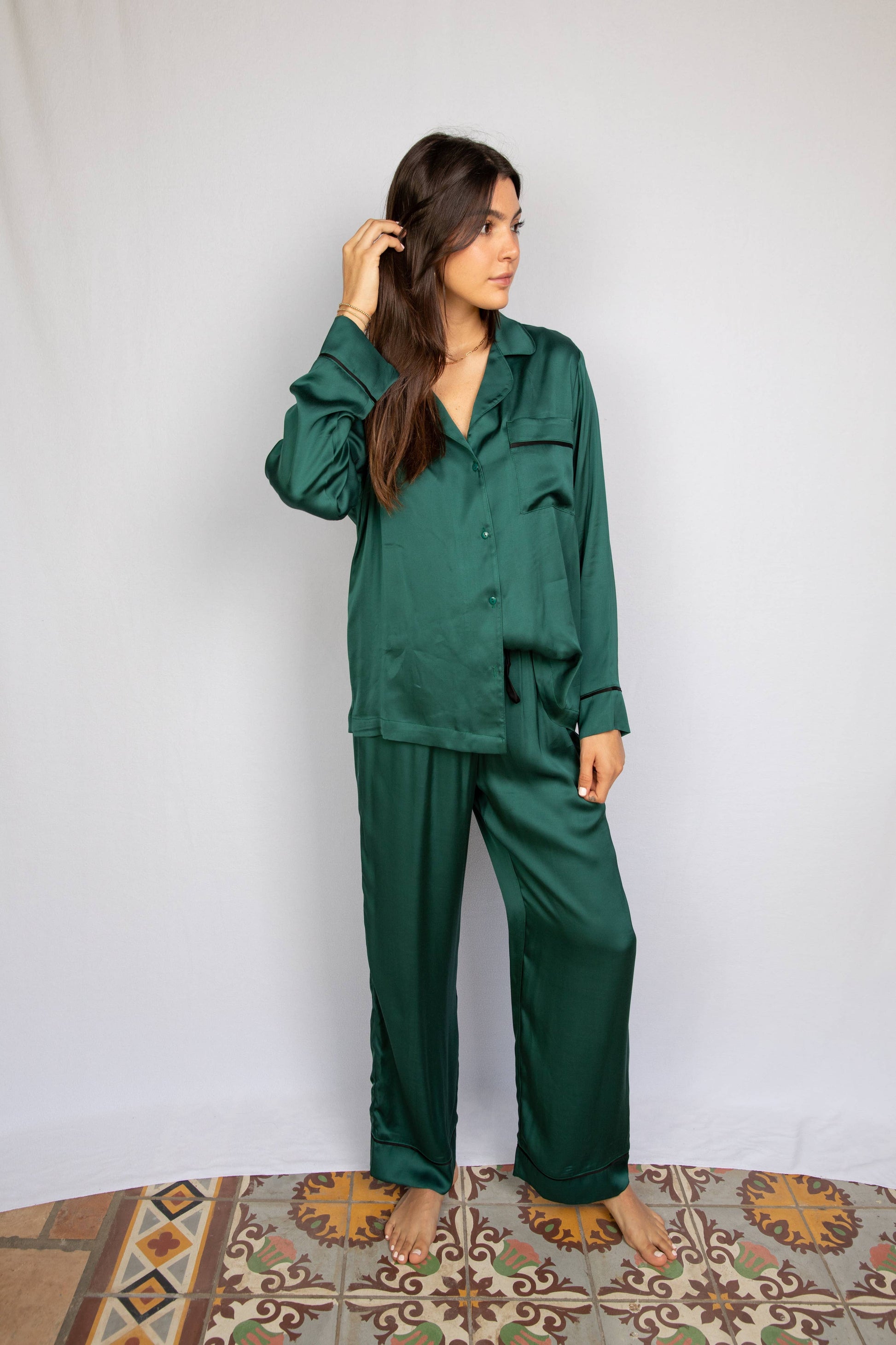 Meadow -Monaco Silky Pajama in pine green with black piping, available at LaSource in Darien