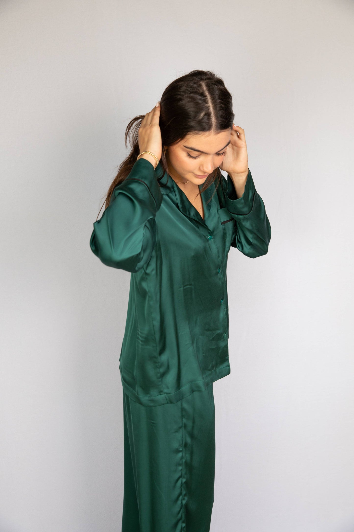 Meadow -Monaco Silky Pajama in pine green with black piping, available at LaSource in Darien