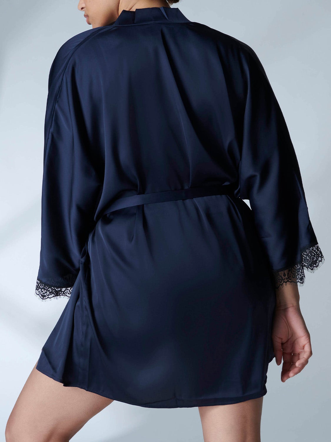 Simone Perele Satin Secrets Kimono in midnight, available at LaSource in Darien. 