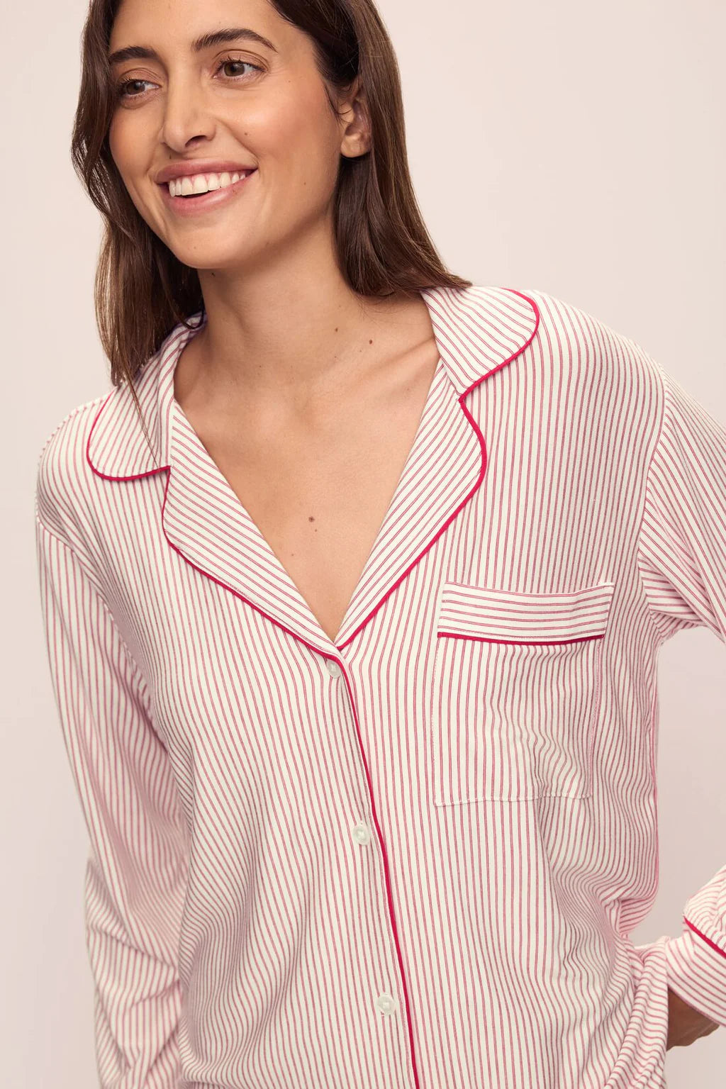 PJ1141  Gisele Printed TENCEL™ Modal Long PJ Set- Duo Stripe Haute Red/Haute Red, available at LaSource in Darien and New Canaan