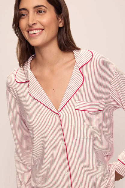 PJ1141  Gisele Printed TENCEL™ Modal Long PJ Set- Duo Stripe Haute Red/Haute Red, available at LaSource in Darien and New Canaan