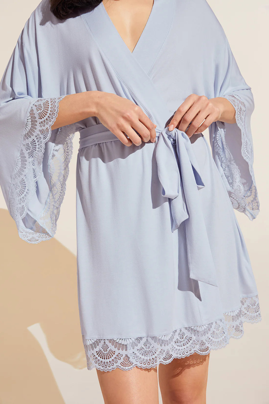 Mariana Kimono Robe with Lace in Ice Blue, available at LaSource in Darien.