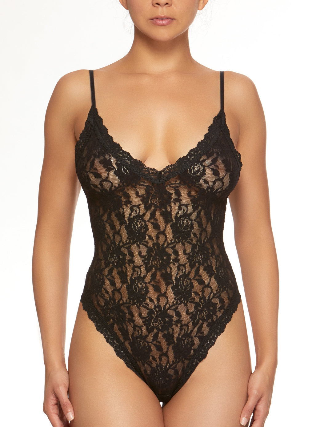 Hanky Panky Thong Back Bodysuit in black lace, available at LaSource in Darien.