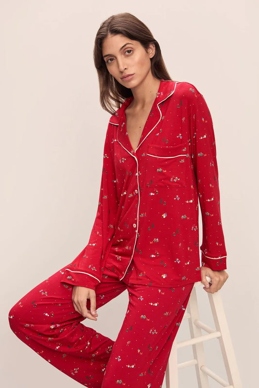 PJ1141  Gisele Printed TENCEL™ Modal Long PJ Set- Winter Wonderland Haute Red/Ivory, available at LaSource in Darien and New Canaan