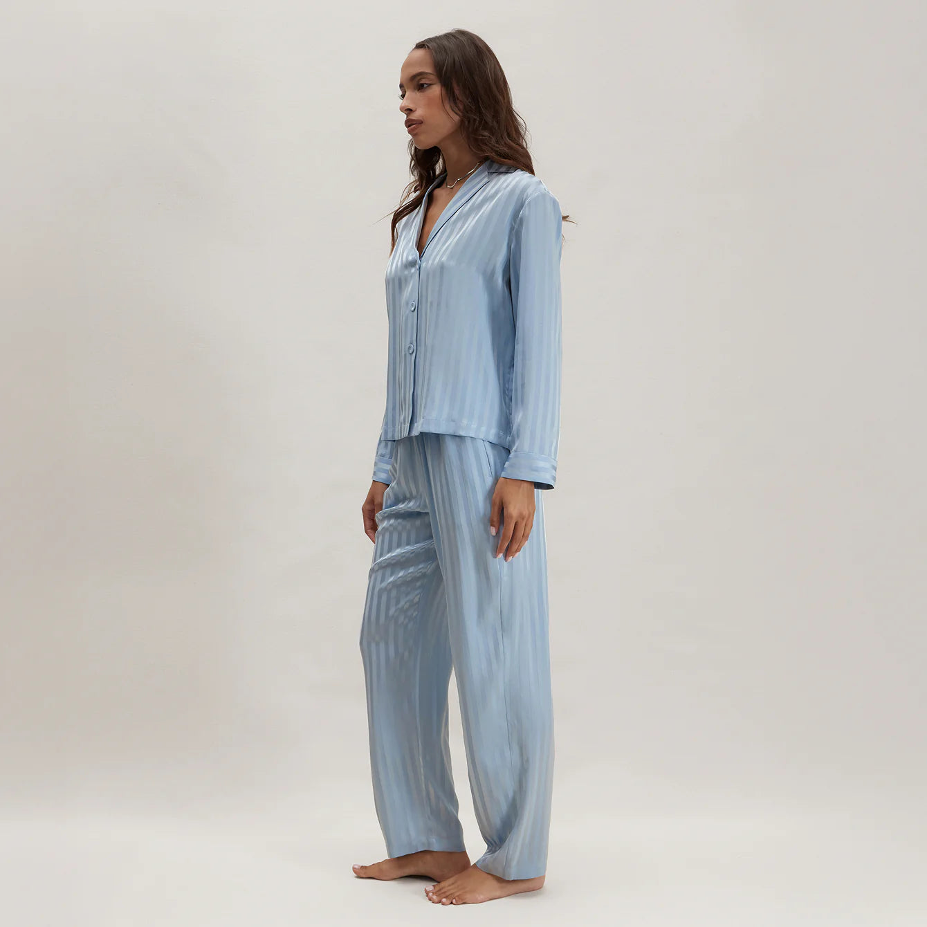 Washable Silk Striped Jacquard Long Sleeve Pant Set