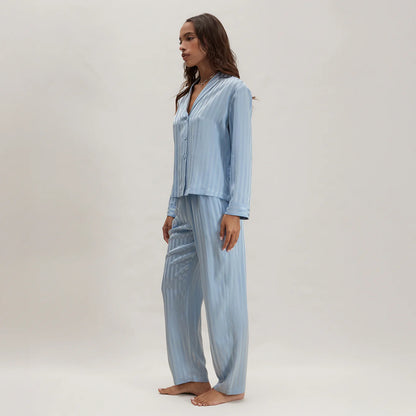 Washable Silk Striped Jacquard Long Sleeve Pant Set