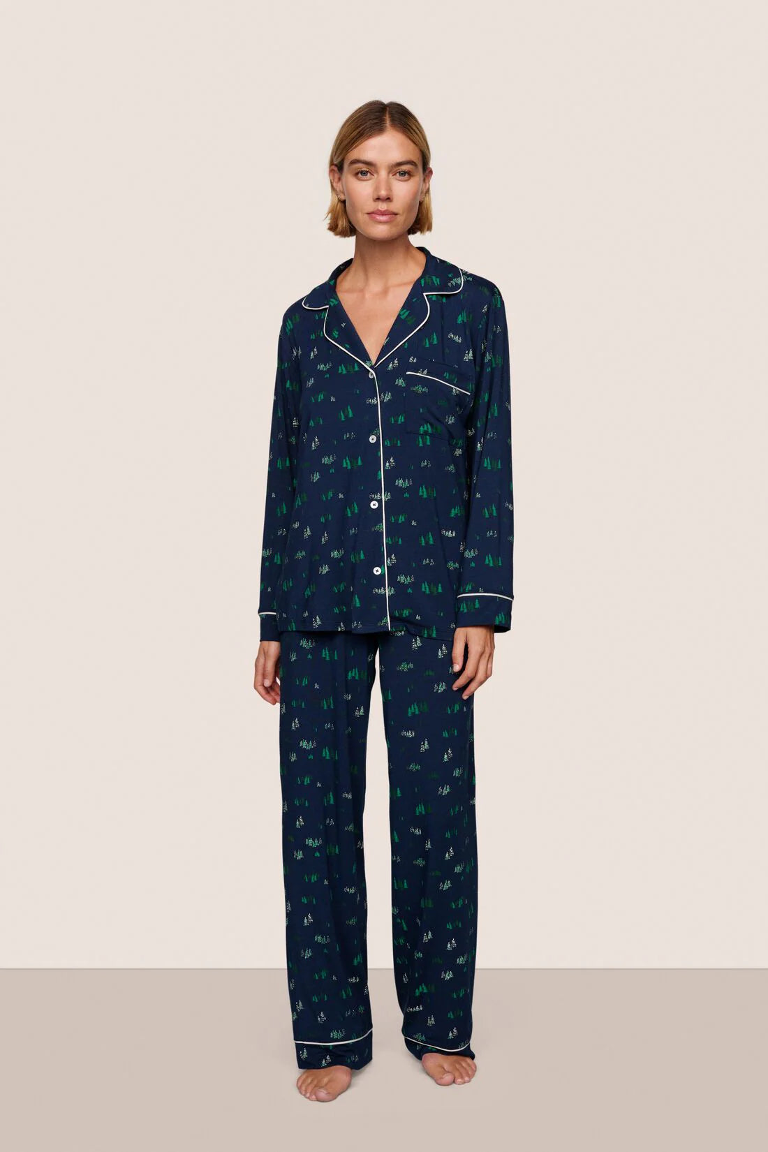 Gisele Forest Pine Printed Long PJ Set w/ Ribbon