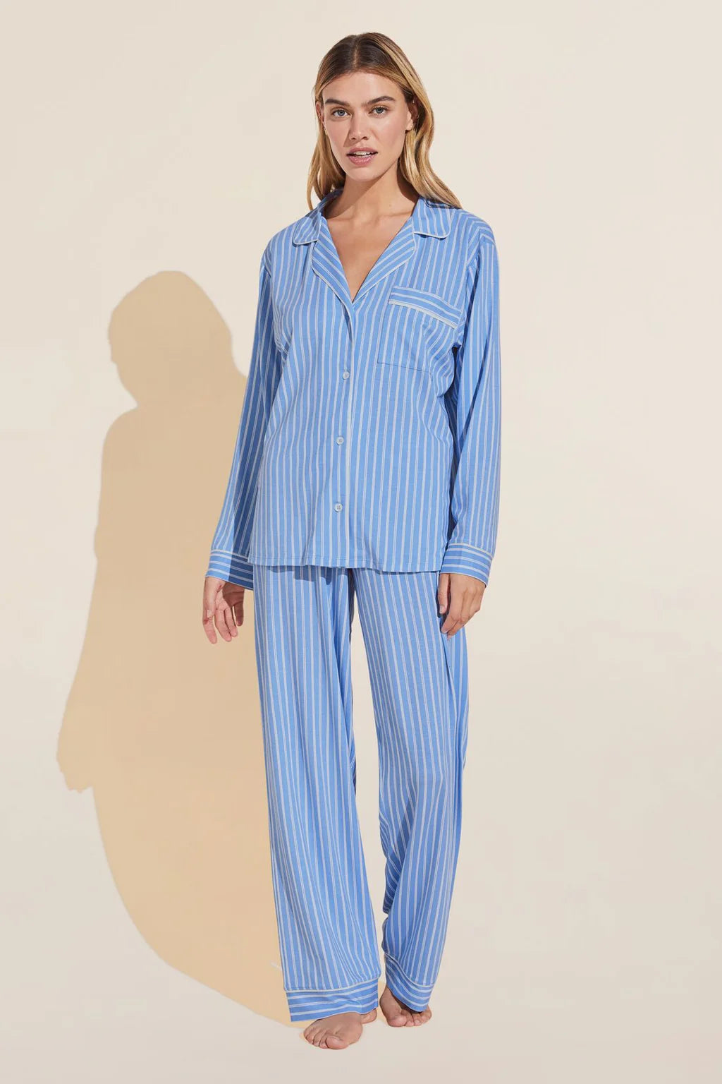 Eberjey - Gisele Printed TENCEL™ Modal Long PJ Set in  Nordic Stripes/Vista Blue/Ivory, available at LaSource in Darien