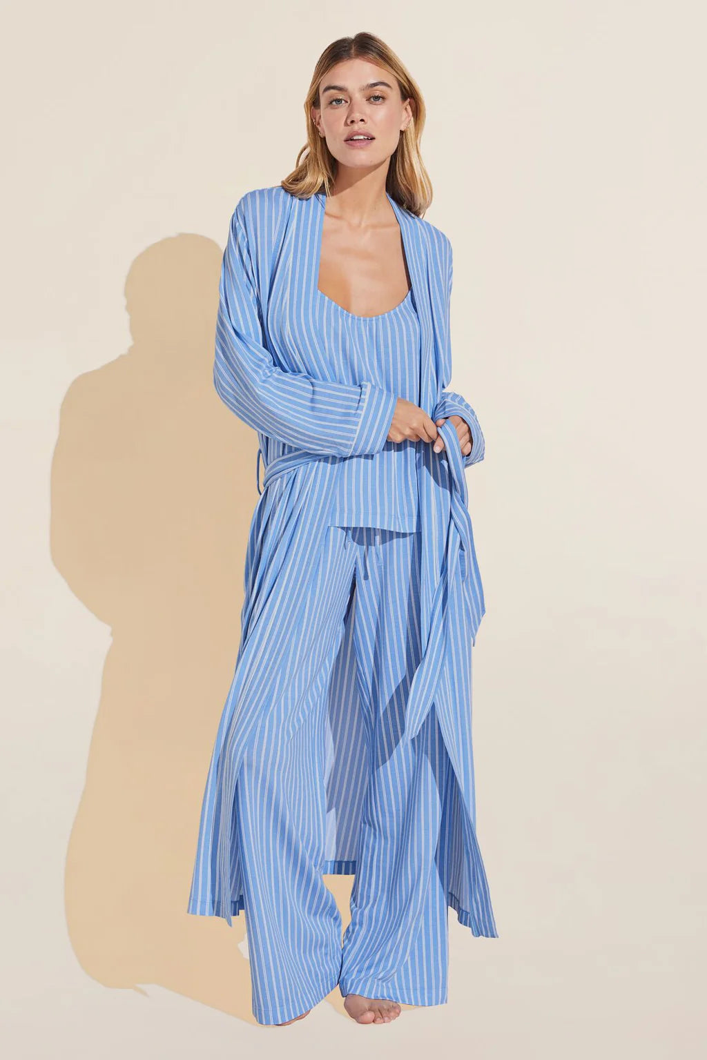 Eberjey - Eberjey Gisele Printed Long Robe in Nordic Stripe Vista Blue, available at LaSource in Darien