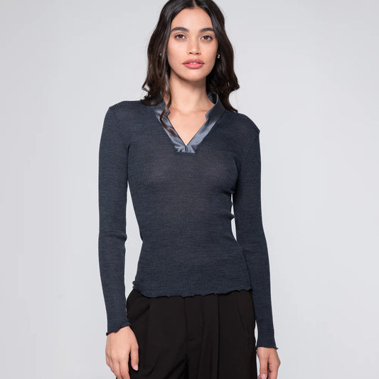 V-Neck Ribbed Long Sleeve Top with Satin Trim Collar