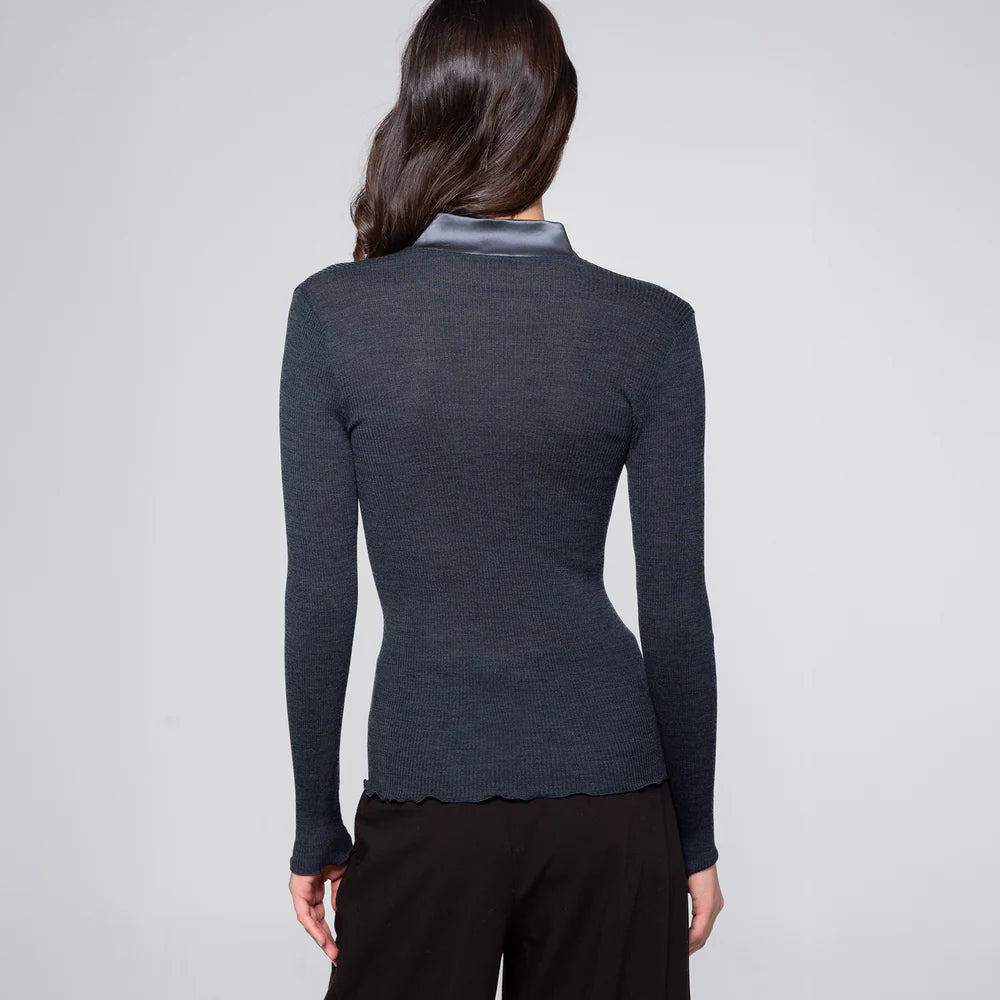 V-Neck Ribbed Long Sleeve Top with Satin Trim Collar