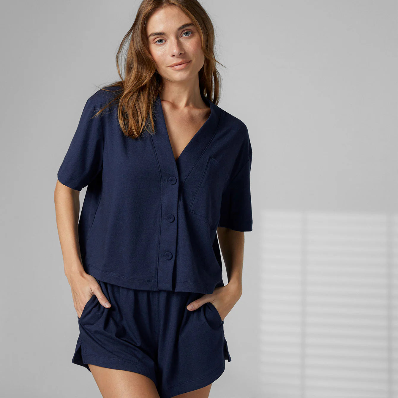 Lunya Slumberknit™ Short Sleeve Short Set in deep blue, available at LaSource in Darien.