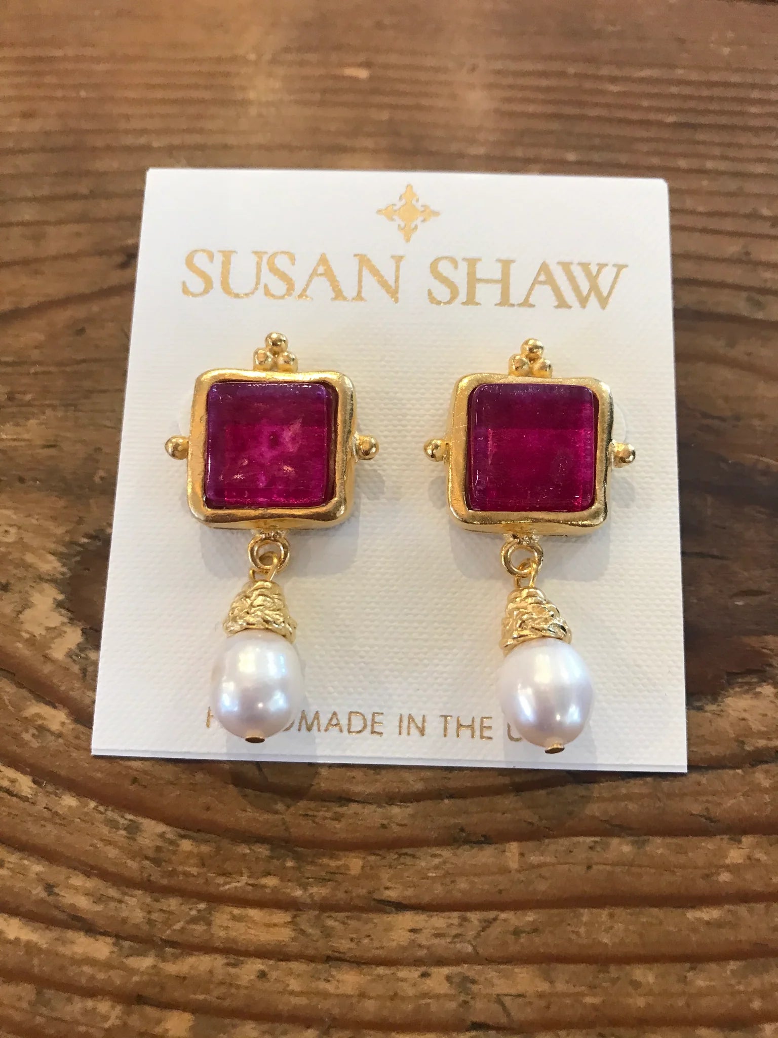 Susan Shaw - Madeline Pearl Drop Earrings in fuchsia, available at LaSource in Darien.