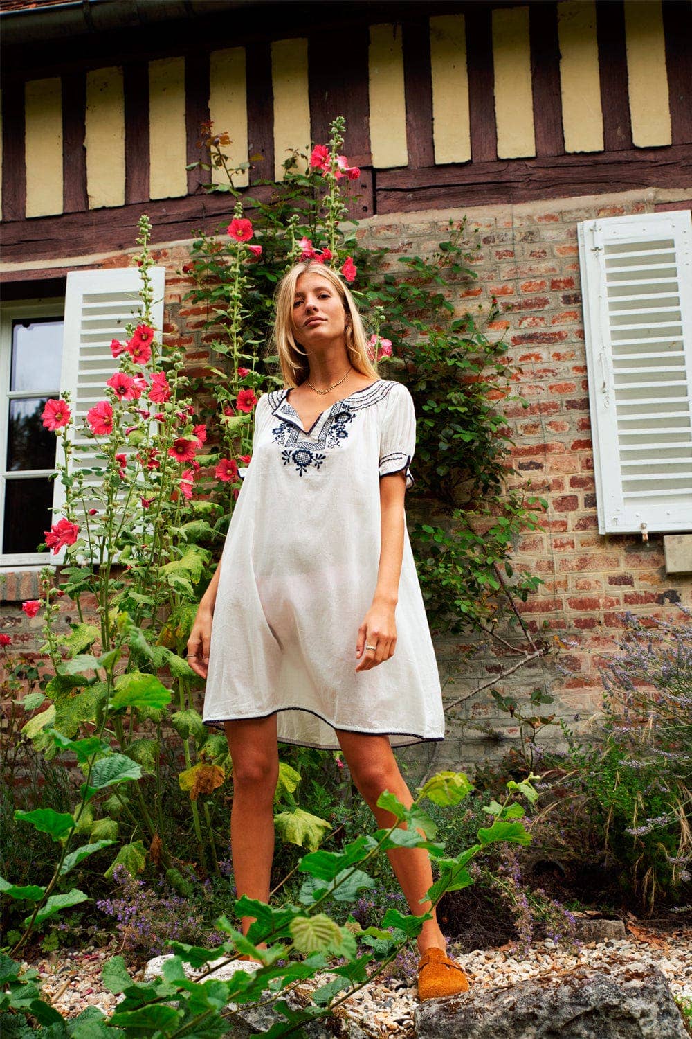 Germaine Des Pres Zoe White Blue Embroidery Dress, available at LaSource in Darien