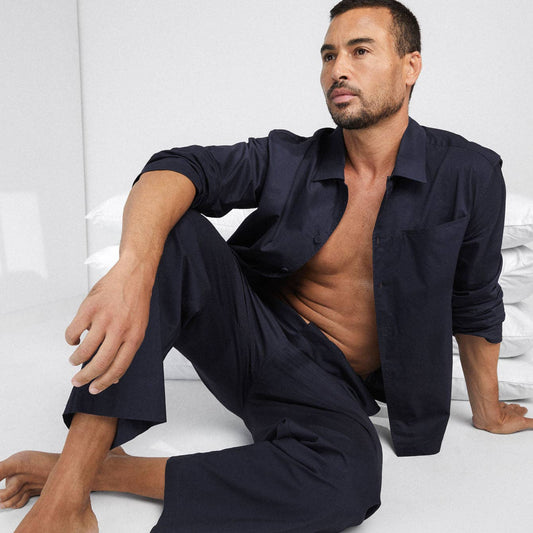 Lunya Men's Airy Cotton Long Sleeve Pant Set in Deep Blue, available at LaSource in Darien and LaSource in Connecticut .